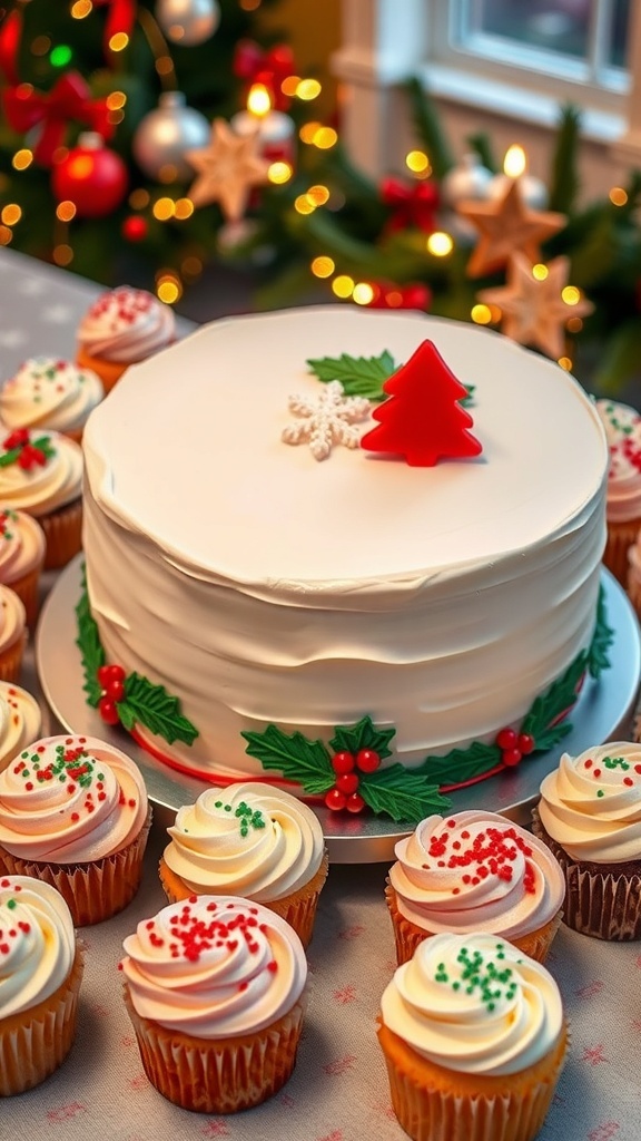 A festive Christmas cake with white icing and marzipan decorations, alongside colorful cupcakes with buttercream frosting and sprinkles.